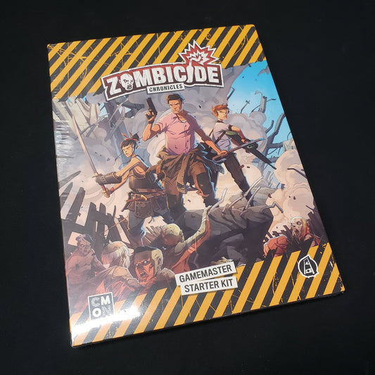 Image shows the front of the packaging of the Gamemaster Starter kit for the  roleplaying game Zombicide Chronicles