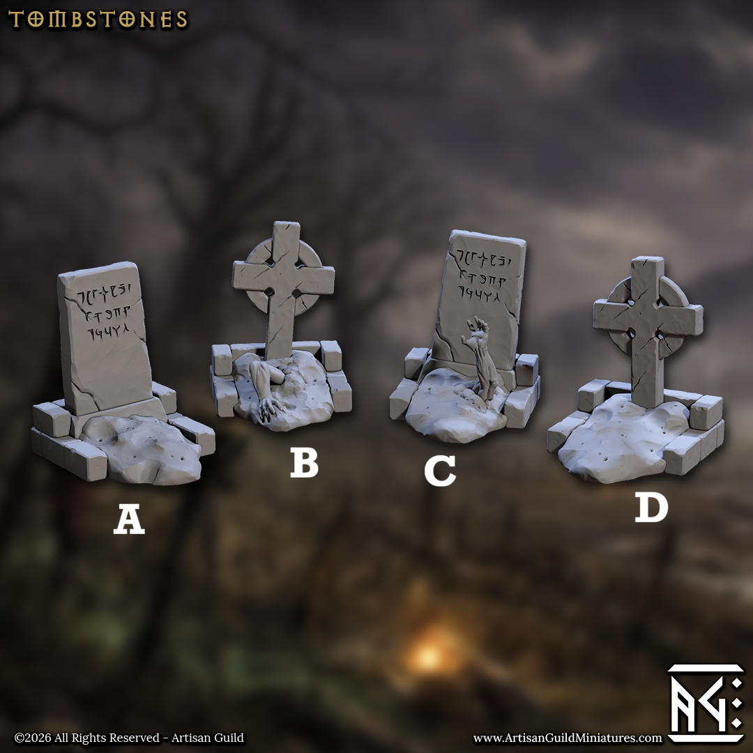 Image shows 3D renders for four different sculpt options of a tombstone gaming miniature terrain piece
