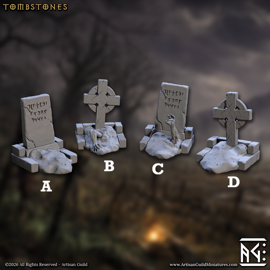 Image shows 3D renders for four different sculpt options of a tombstone gaming miniature terrain piece