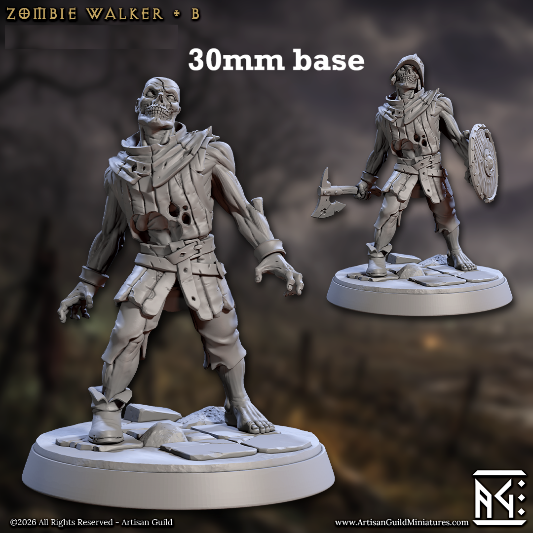 Image shows 3D renders of two sculpt options for a zombie gaming miniature.