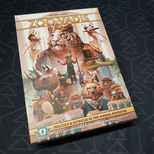 Image shows the front cover of the Retail Edition box for the board game Zoo Vadis