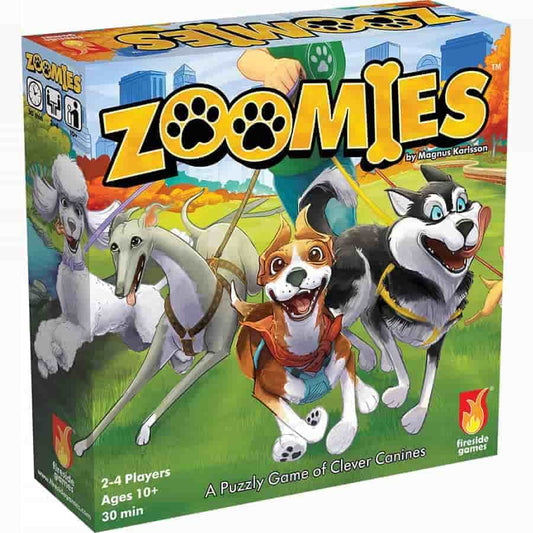 Image shows the front cover of the box of the Zoomies board game