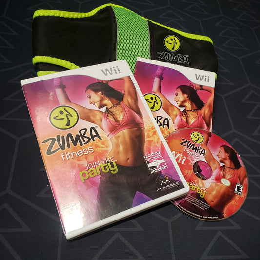 Image shows the case, manual, controller strap and disc for the video game Zumba Fitness for Nintendo Wii