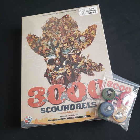 3000 Scoundrels board game - front cover ovf box and promo henchmen tokens