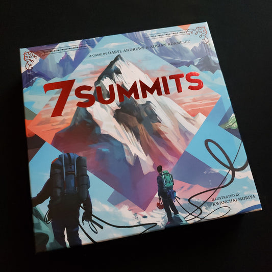 Image shows the front cover of the box for the 7 Summits board game