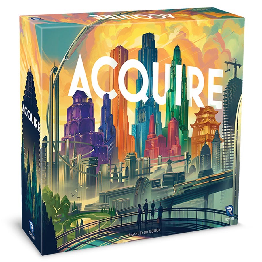 Image shows the updated front cover art of the box of the Acquire: 2023 Edition board game