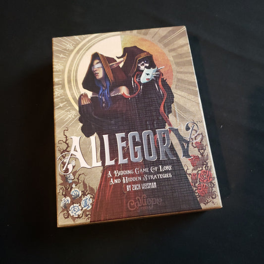 Image shows the front cover of the box of the Allegory card game