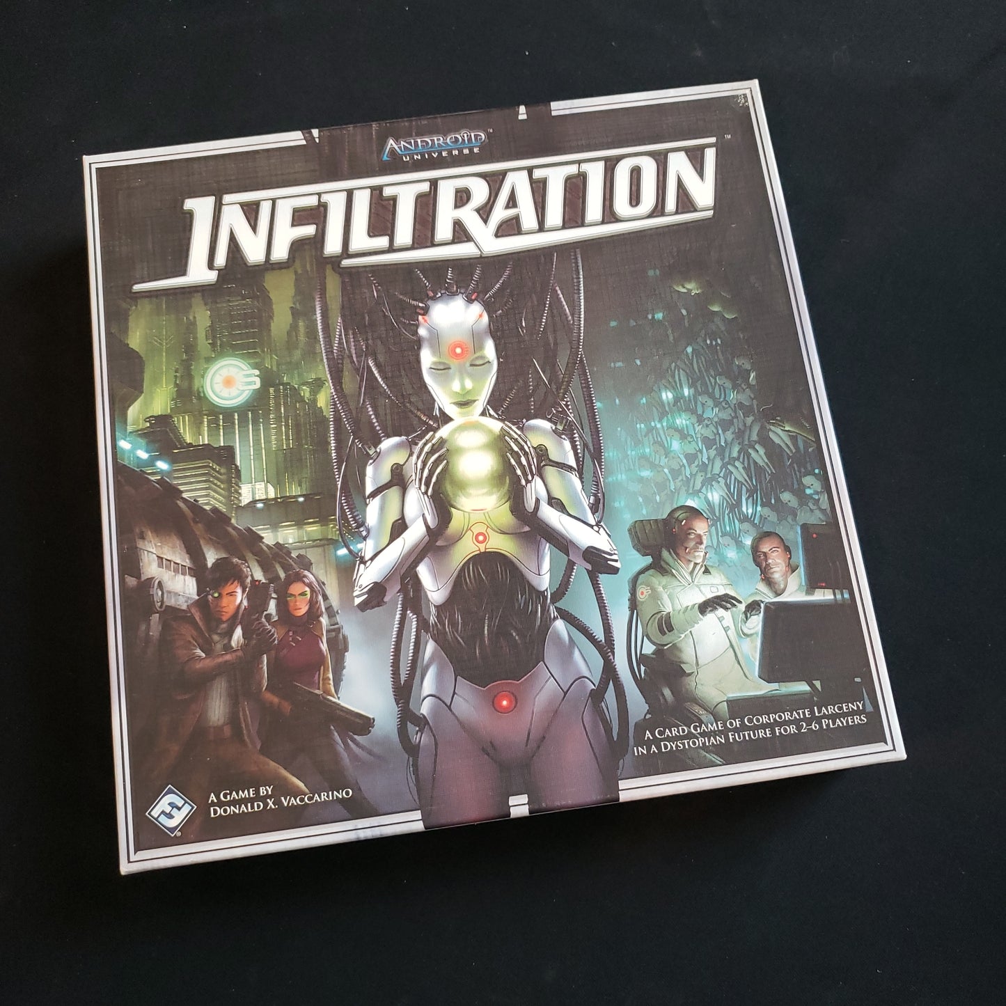 Image shows the front cover of the box of the Android: Infiltration board game