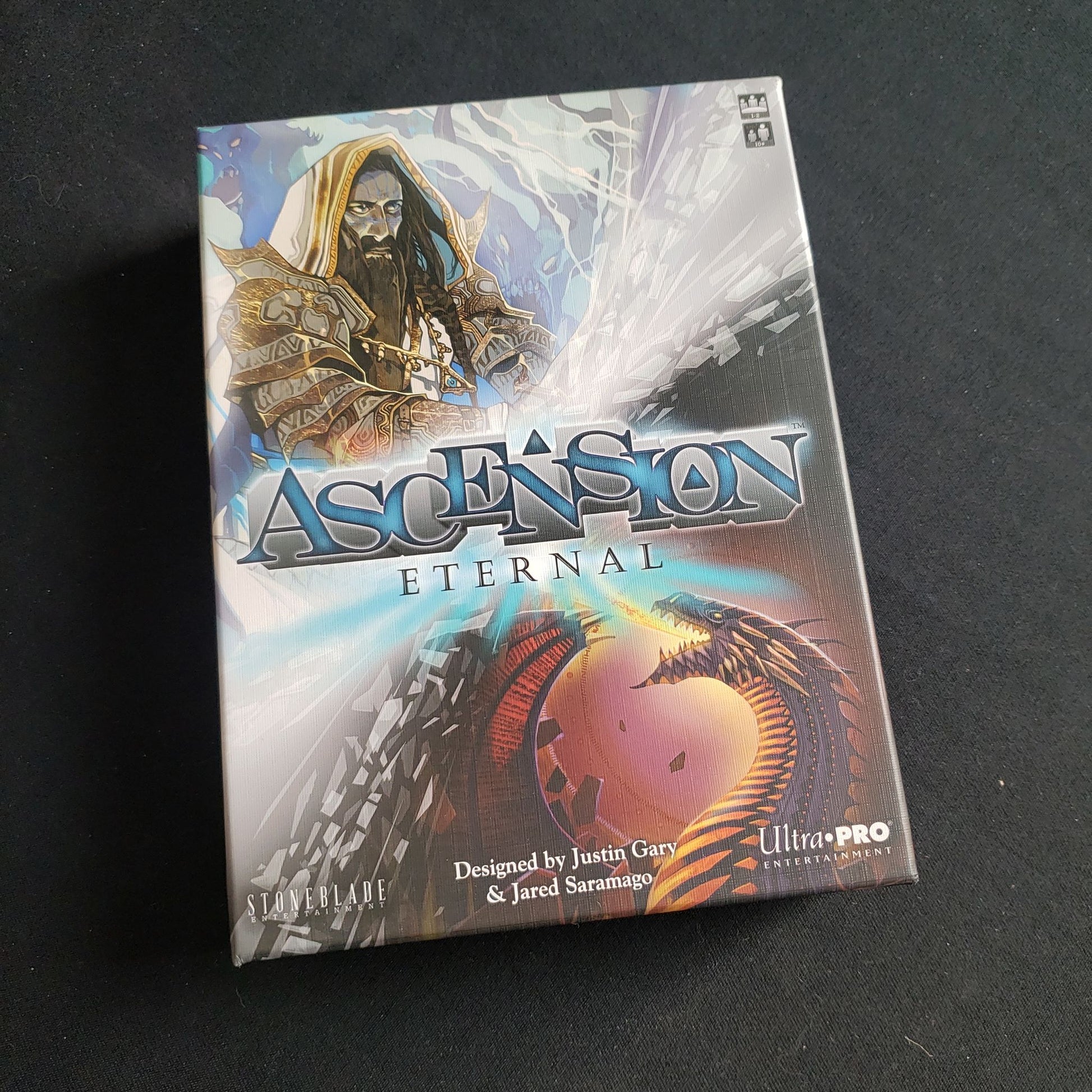 Image shows the front cover of the box of the Ascension Eternal card game