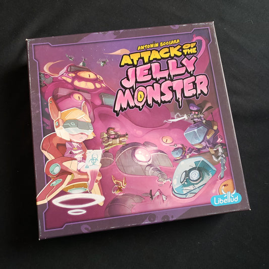 Image shows the front cover of the box of the Attack of the Jelly Monster board game