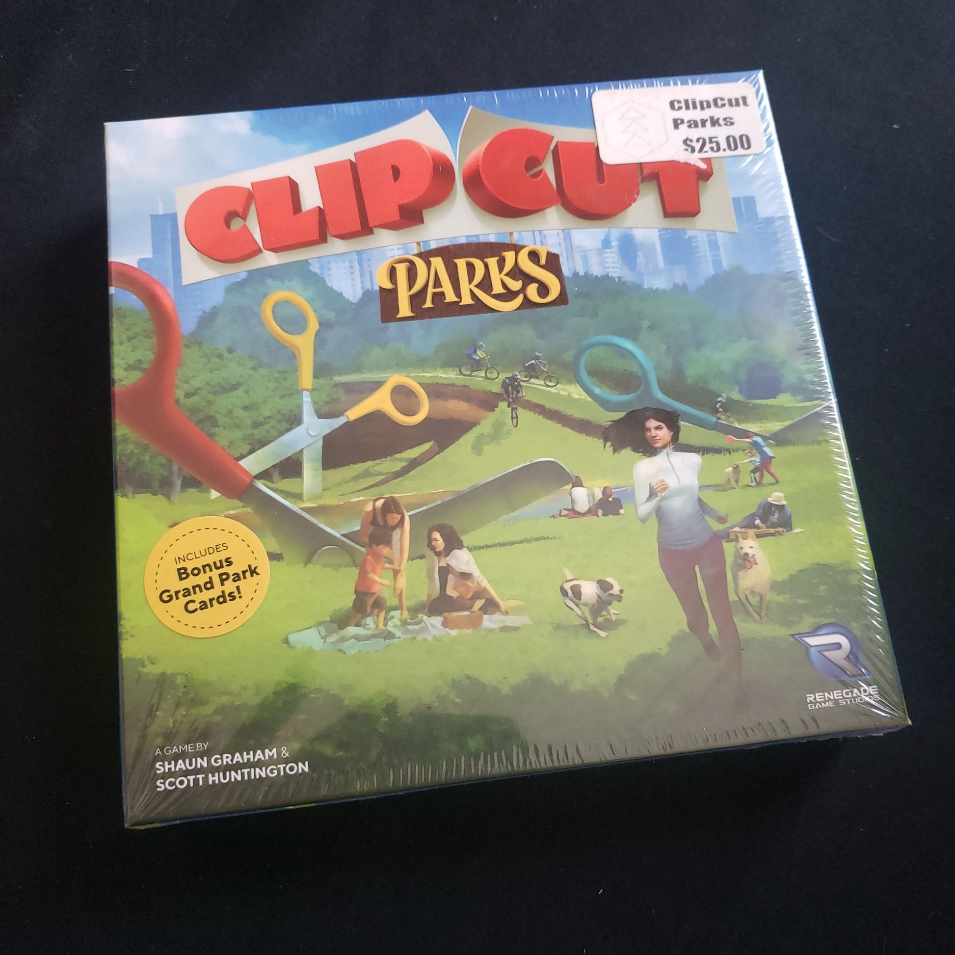 Image shows the front cover of the box of the ClipCut Parks board game