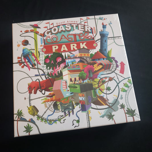 Image shows the front cover of the box of the Coaster Park board game