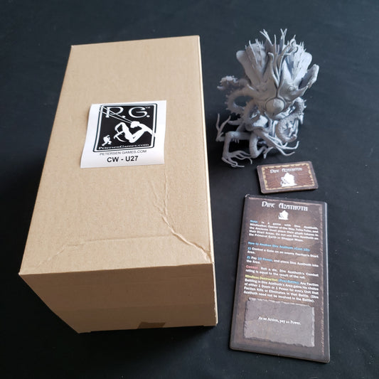 Image shows the box, miniature and components for the Dire Azathoth Expansion for the Cthulhu Wars board game