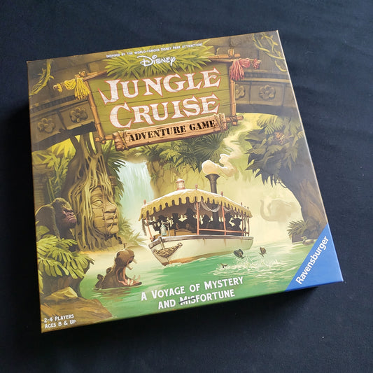 Image shows the front cover of the box of the Disney Jungle Cruise Adventure board game