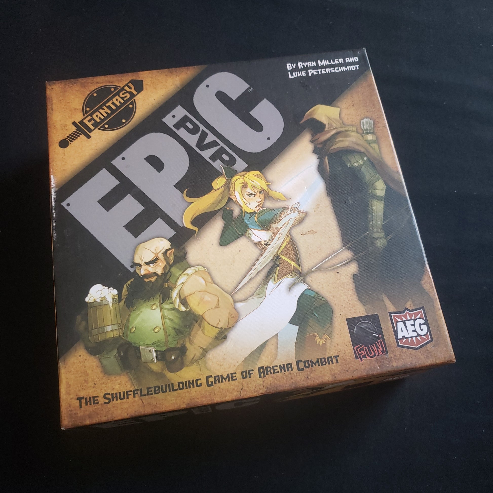 Image shows the front cover of the box of the Epic PVP: Fantasy card game