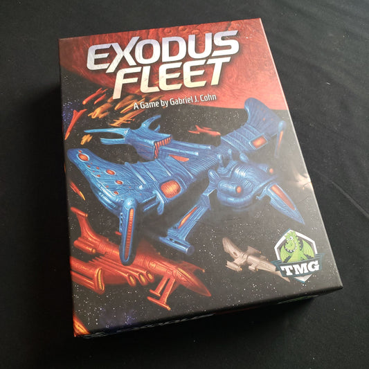 Image shows the front cover of the box of the Exodus Fleet board game