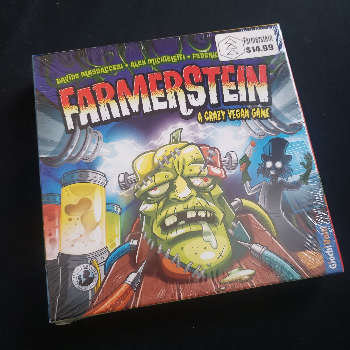 Image shows the front cover of the box of the Farmerstein card game