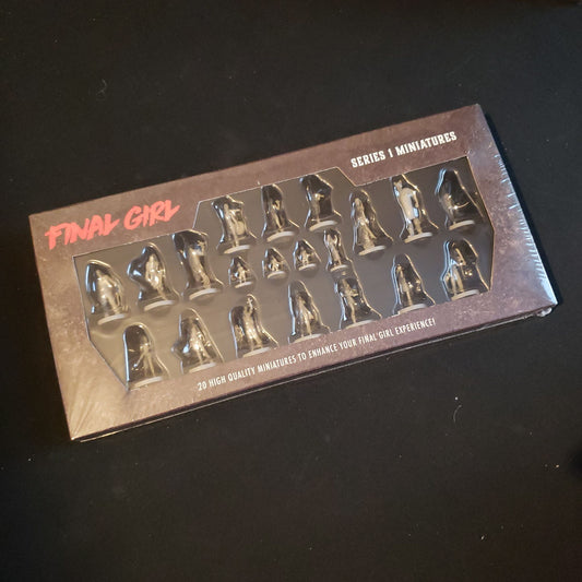 Image shows the front cover of the box of the Series 1 Miniatures pack for the Final Girl board game