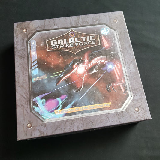 Image shows the front cover of the box of the Galactic Strike Force card game