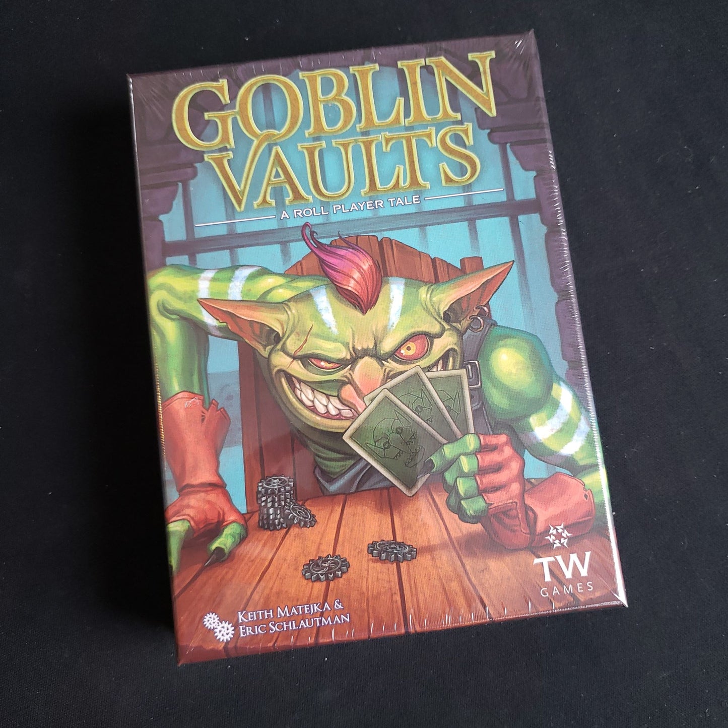 Image shows the front cover of the box of the Goblin Vaults card game