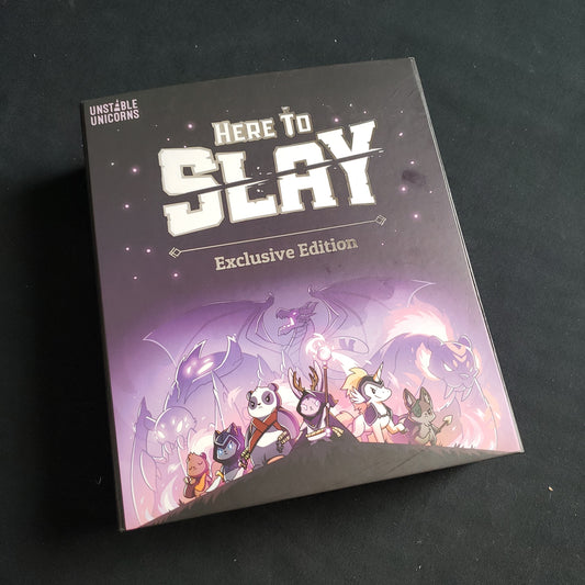 Image shows the front cover of the box of the Exclusive Edition of the Here to Slay card game