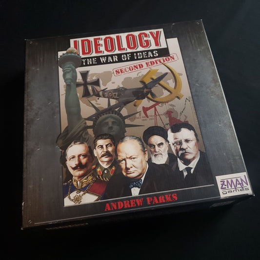 Image shows the front cover of the box of the Ideology board game