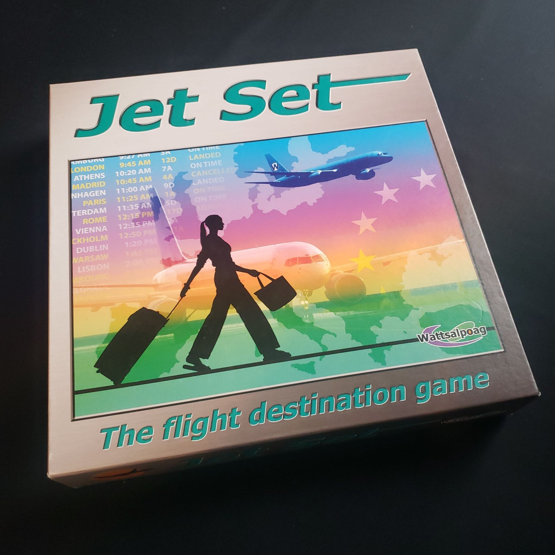 Image shows the front cover of the box of the Jet Set board game
