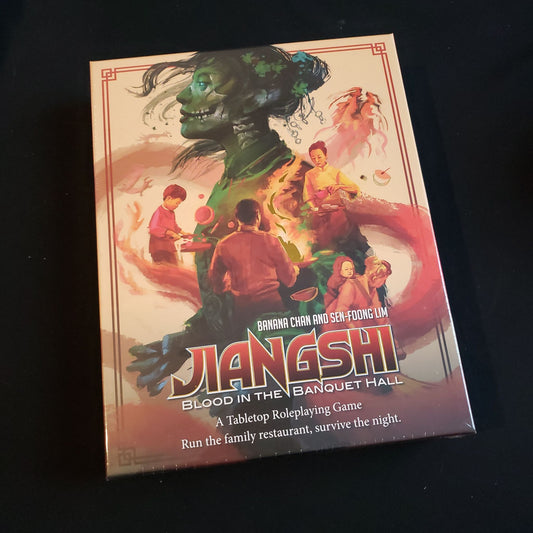 Image shows the front cover of the Jiangshi: Blood in the Banquet Hall roleplaying game box set