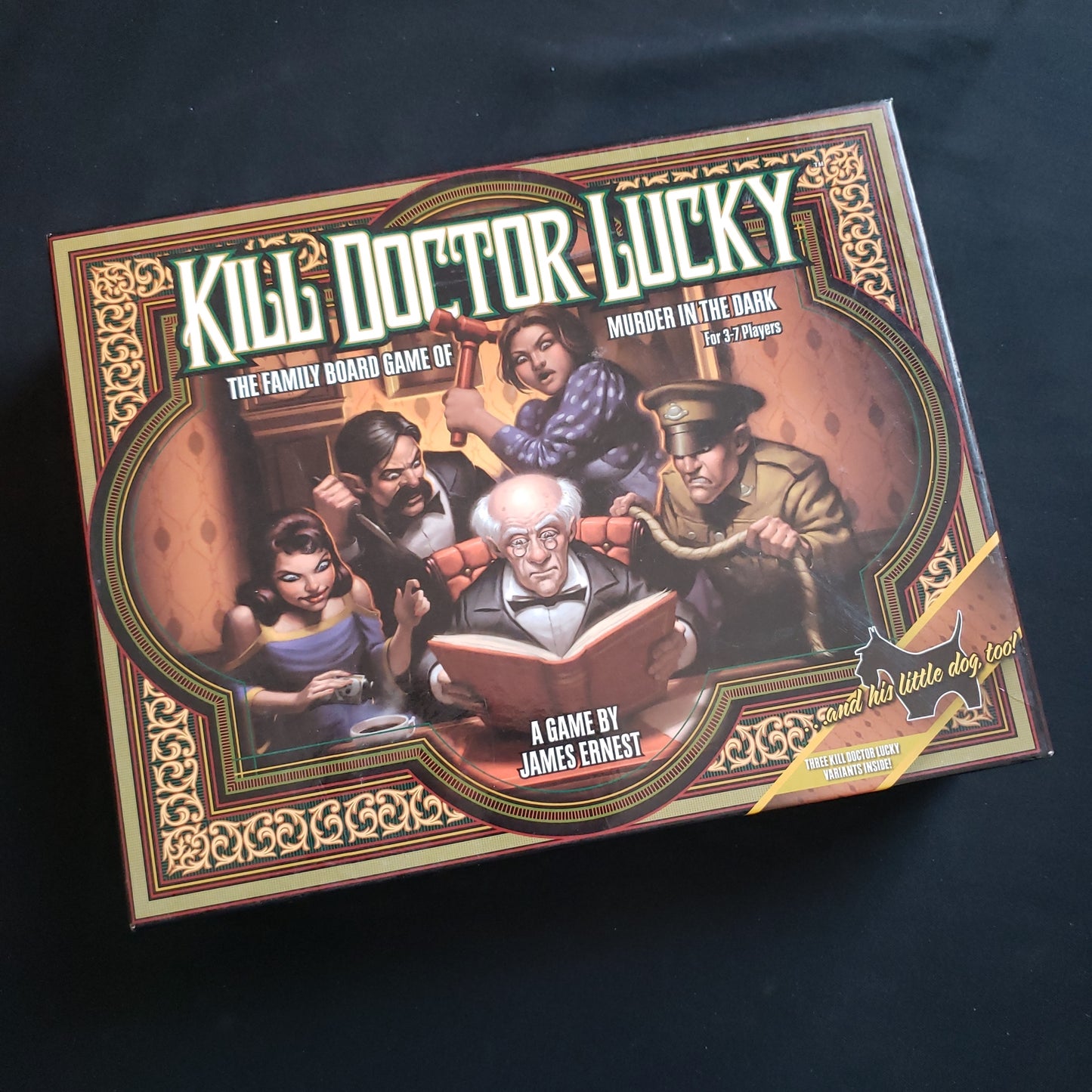 Image shows the front cover of the box of the Kill Doctor Lucky board game