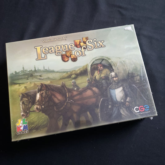 Image shows the front cover of the box of the League of Six board game