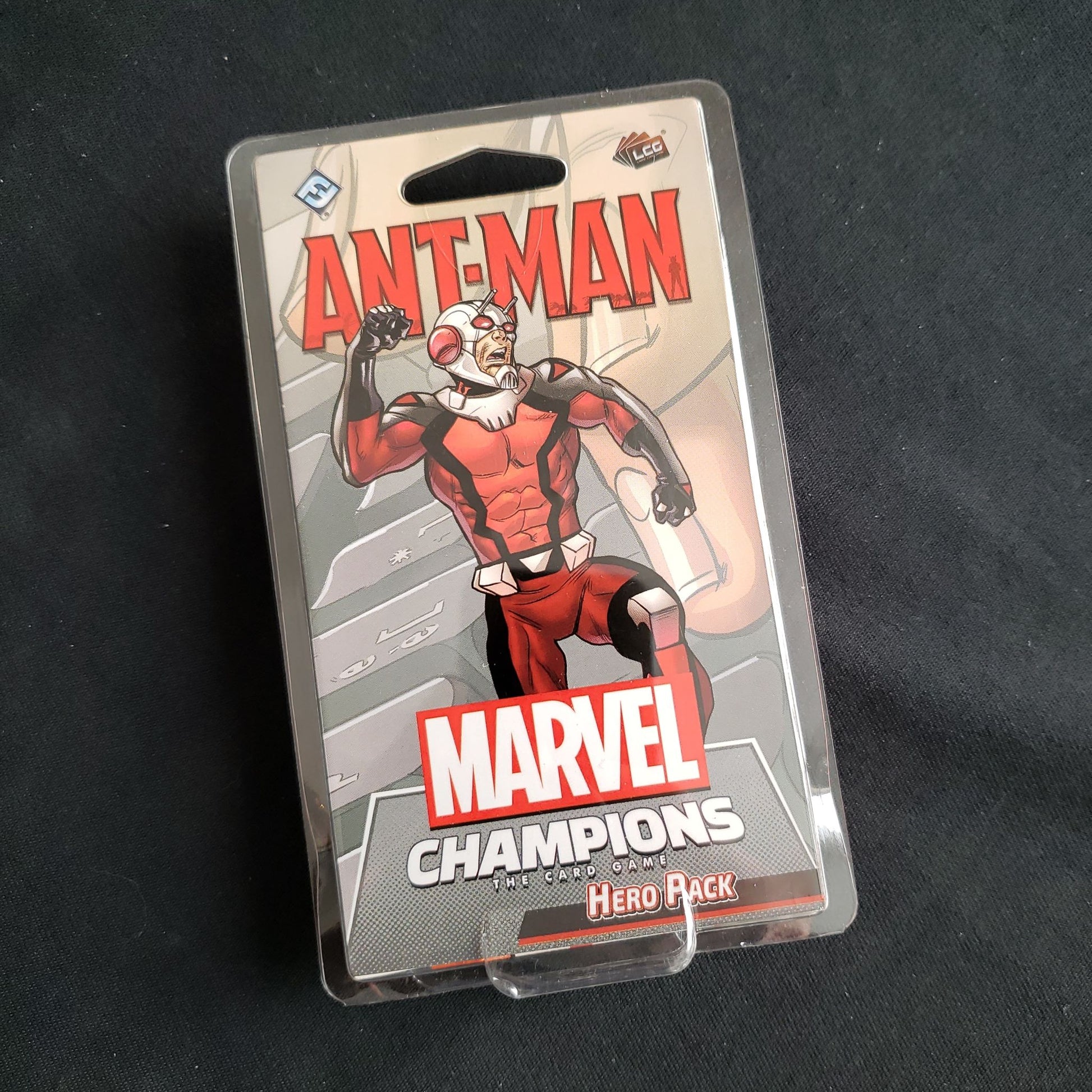 Image shows the front of the package for the Ant-Man Hero Pack for the Marvel Champions card game