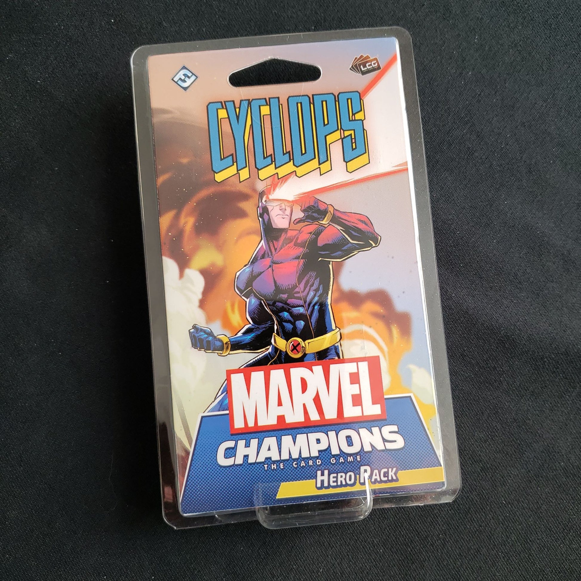 Image shows the front of the package for the Cyclops Hero Pack for the Marvel Champions card game