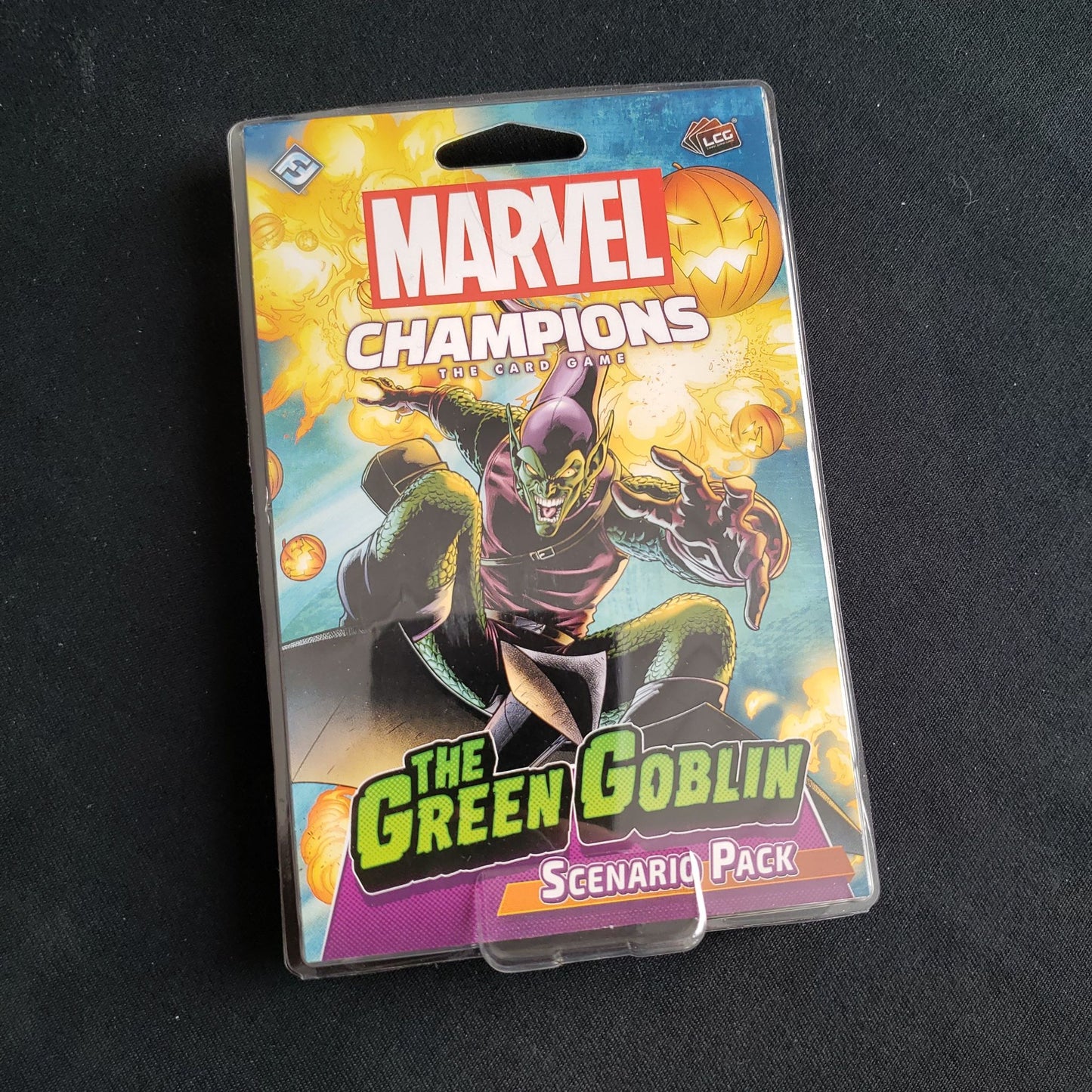 Image shows the front of the package for the Green Goblin Scenario Pack for the Marvel Champions card game