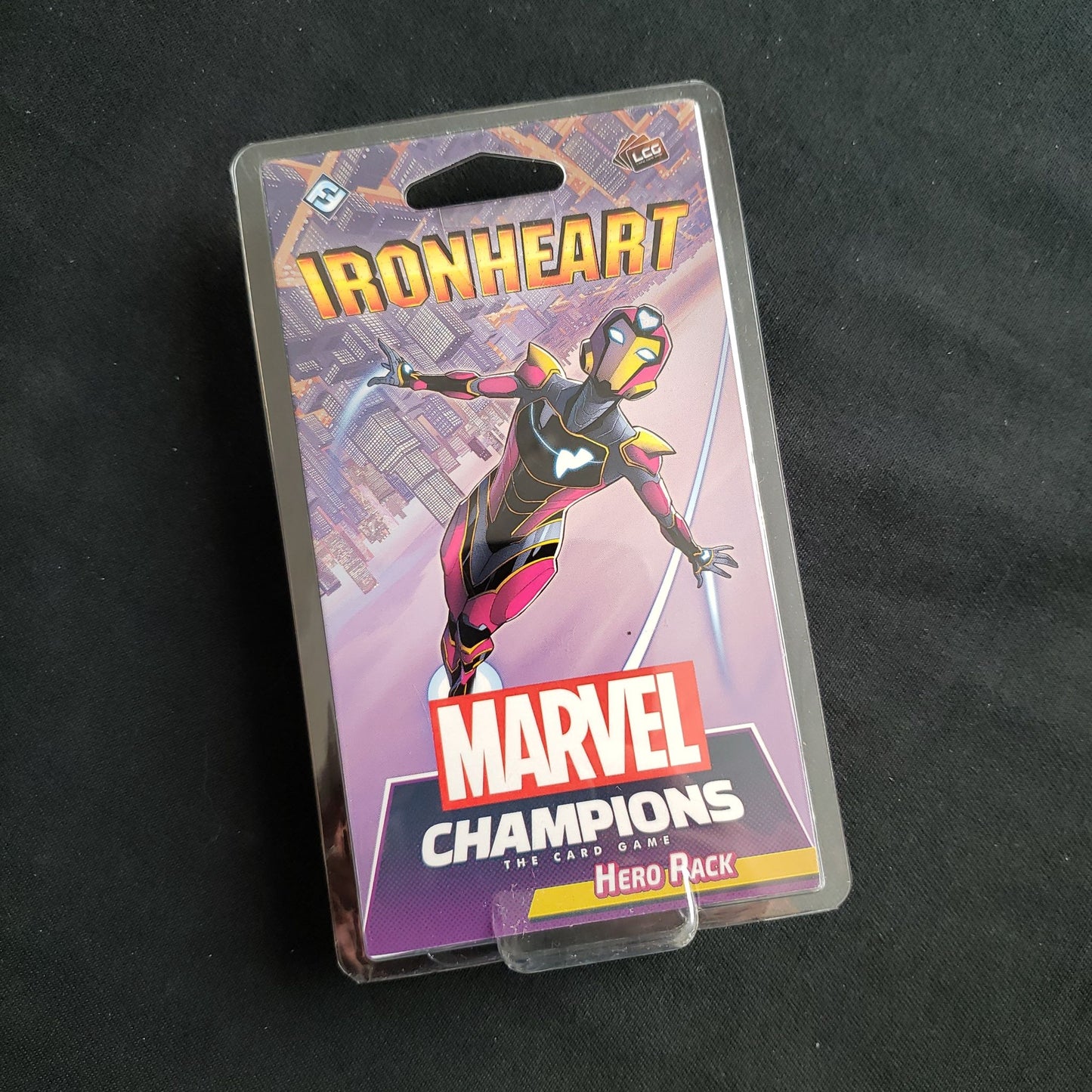 Image shows the front of the package for the Ironheart Hero Pack for the Marvel Champions card game