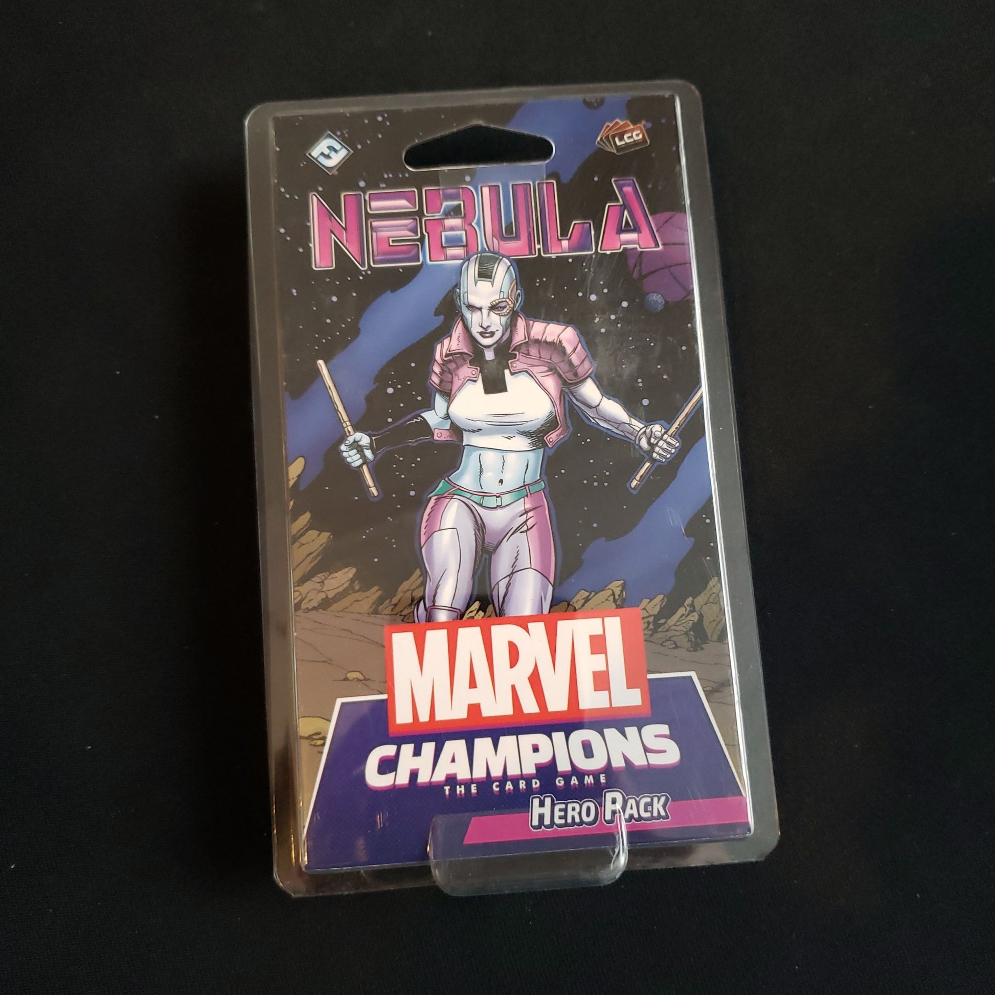 Image shows the front of the package for the Nebula Hero Pack for the Marvel Champions card game