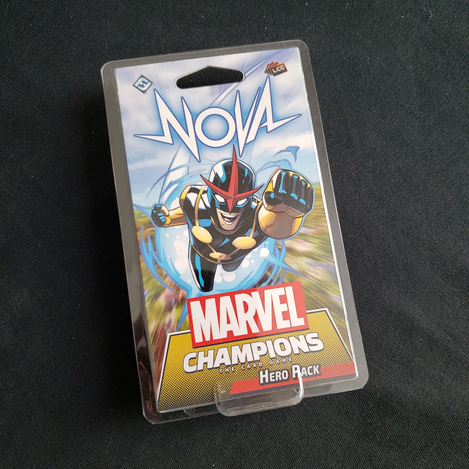 Image shows the front of the package for the Nova Hero Pack for the Marvel Champions card game