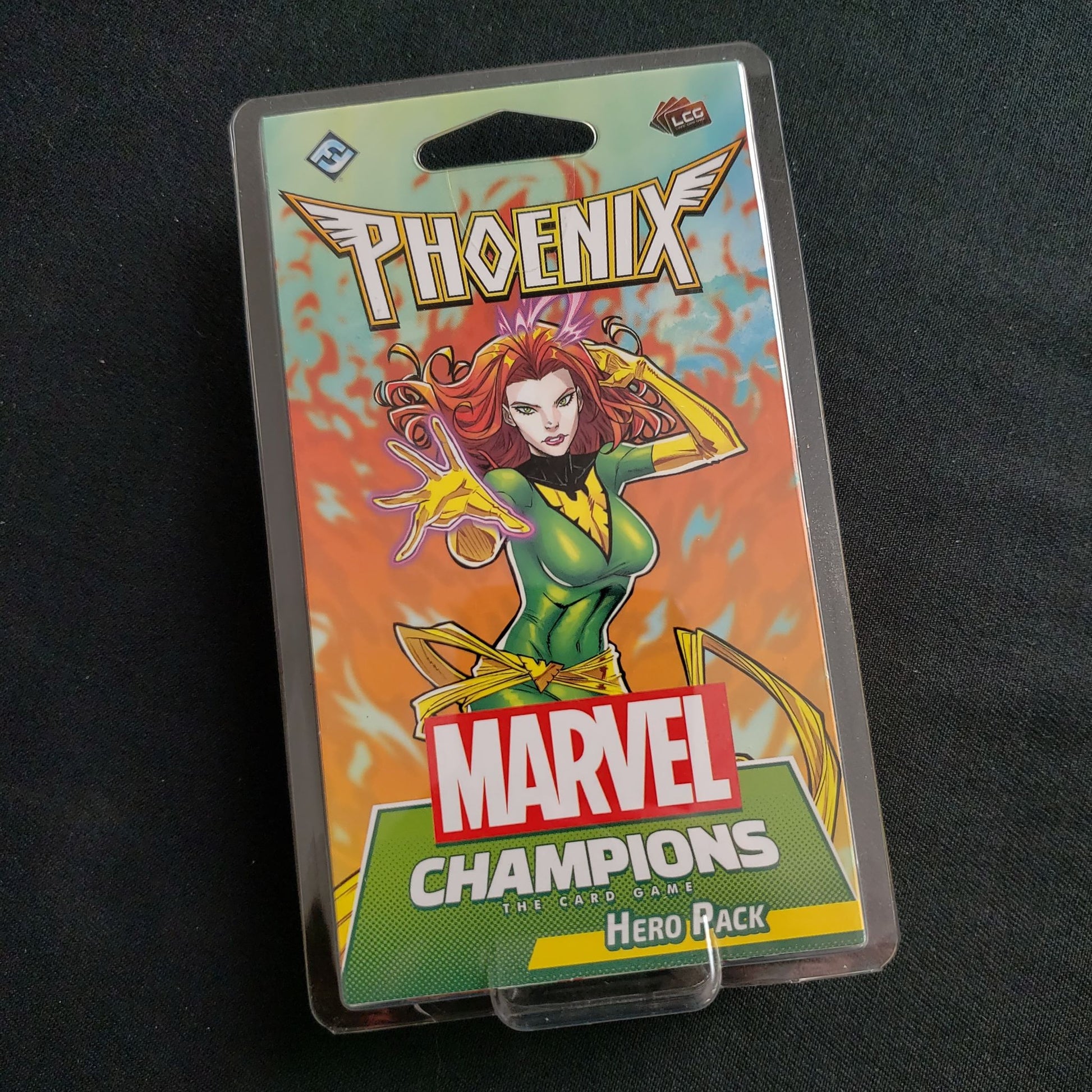 Image shows the front of the package for the Phoenix Hero Pack for the Marvel Champions card game