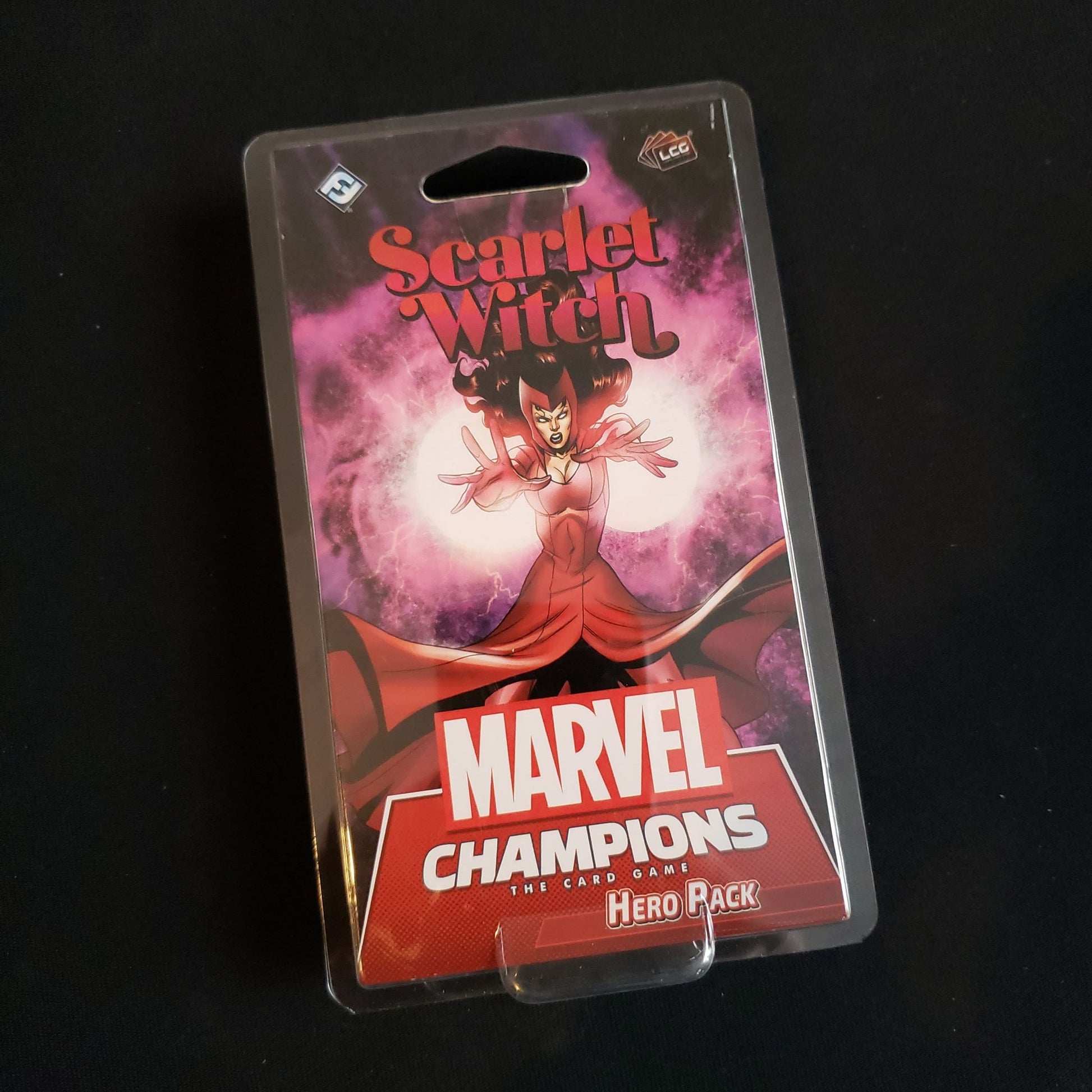 Image shows the front of the package for the Scarlet Witch Hero Pack for the Marvel Champions card game