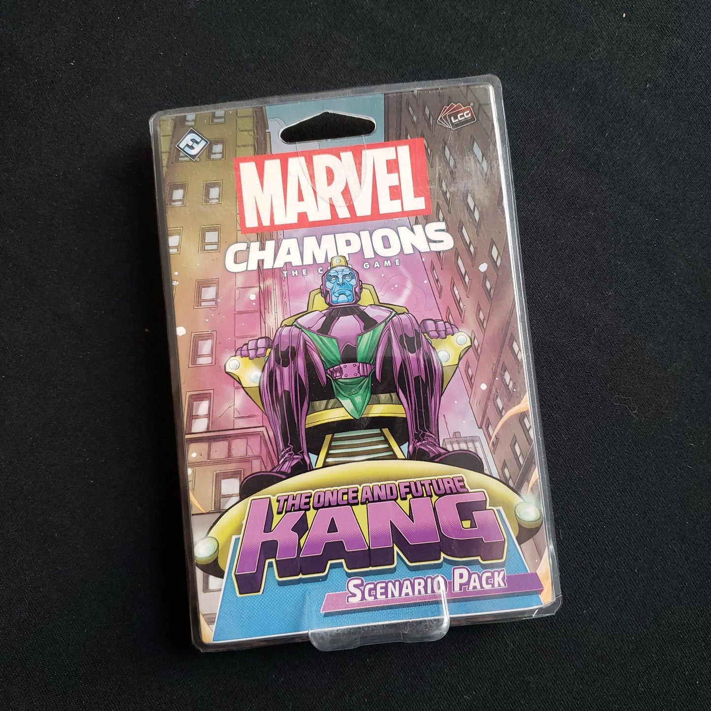 Image shows the front of the package for the Once and Future Kang Scenario Pack for the Marvel Champions card game