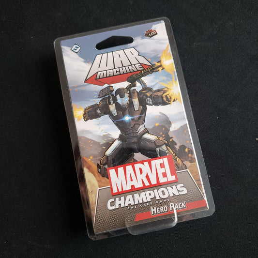 Image shows the front of the package for the War Machine Hero Pack for the Marvel Champions card game