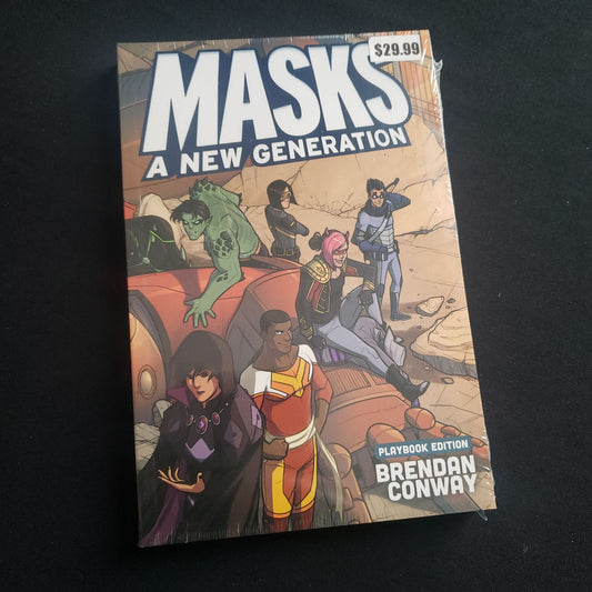 Image shows the front cover of the core rulebook for the roleplaying game Masks: A New Generation 