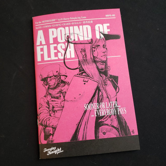 Image shows the front cover of the A Pound of Flesh book for the Mothership roleplaying game