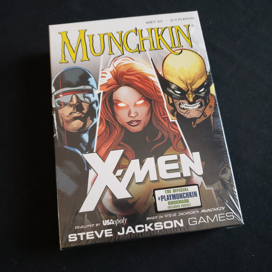 Image shows the front cover of the box of the Munchkin X-Men card game