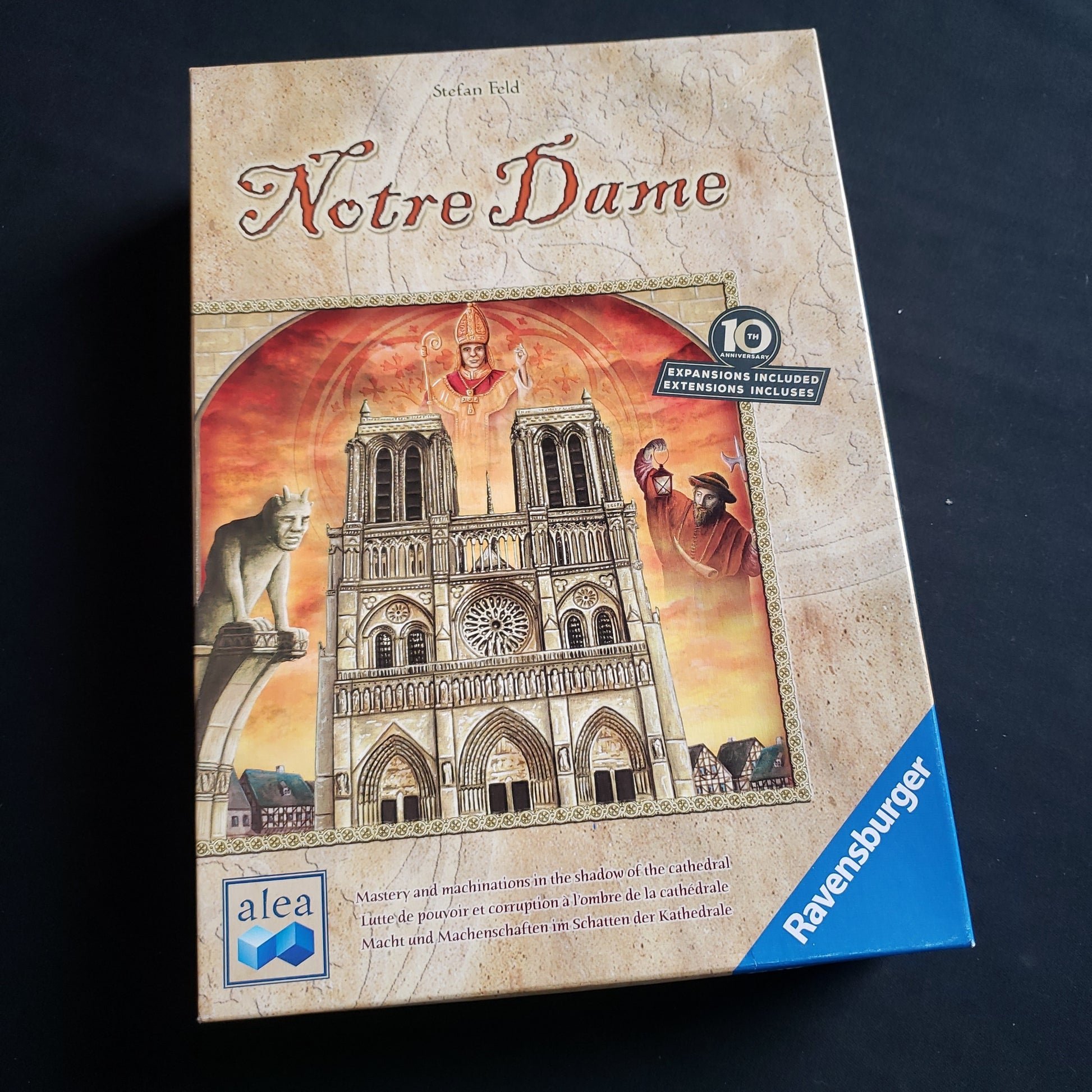 Image shows the front cover of the box of the Notre Dame: 10th Anniversary edition board game