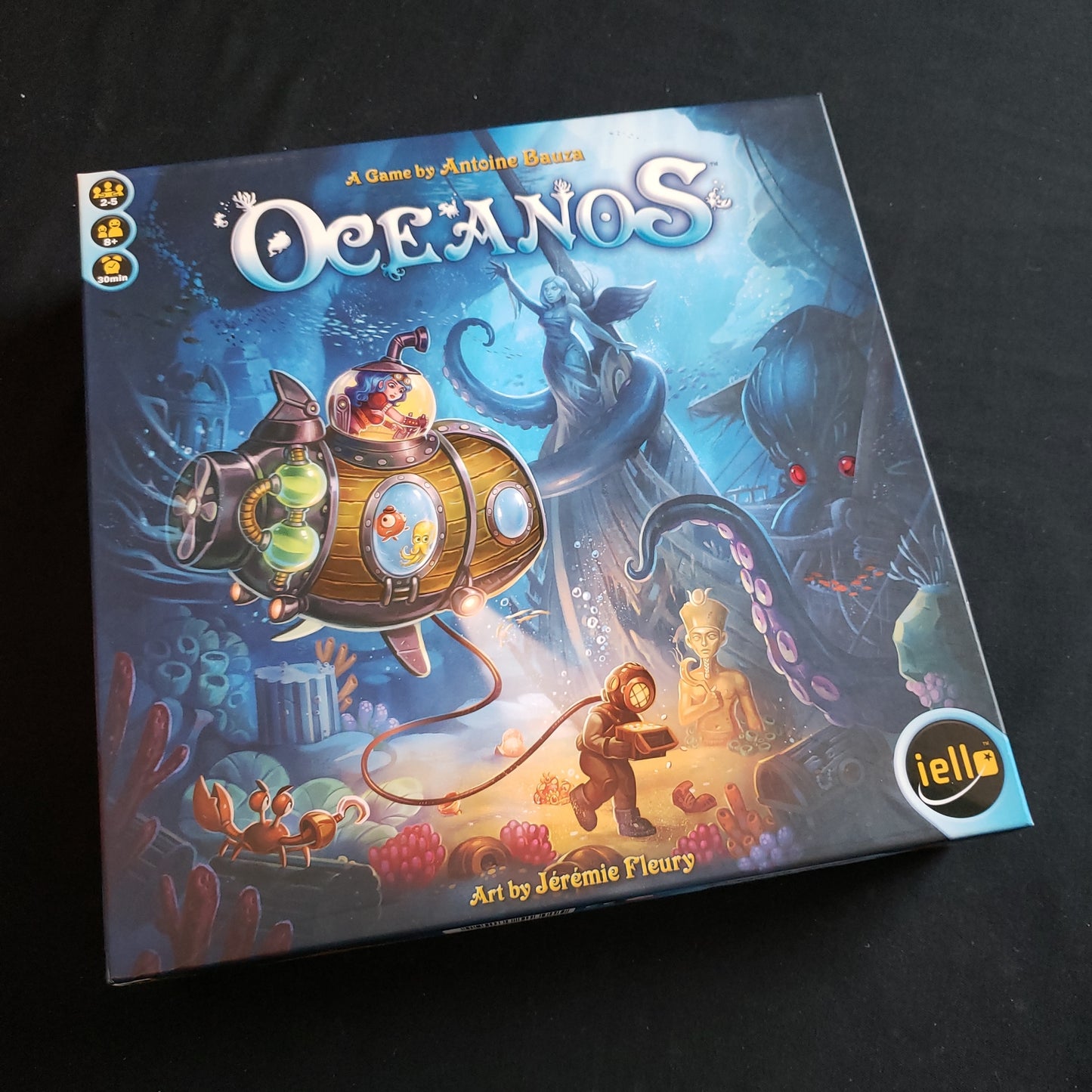 Image shows the front cover of the box of the Oceanos board game