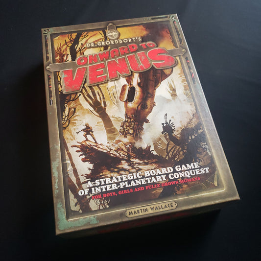 Image shows the front cover of the box of the Onward to Venus board game
