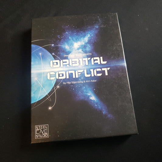 Image shows the front cover of the box of the Orbital Conflict card game