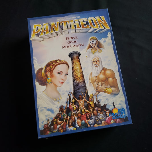 Image shows the front cover of the box of the Pantheon board game