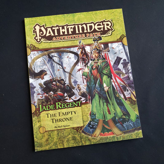 Image shows the front cover of the Empty Throne book for the Pathfinder First Edition roleplaying game