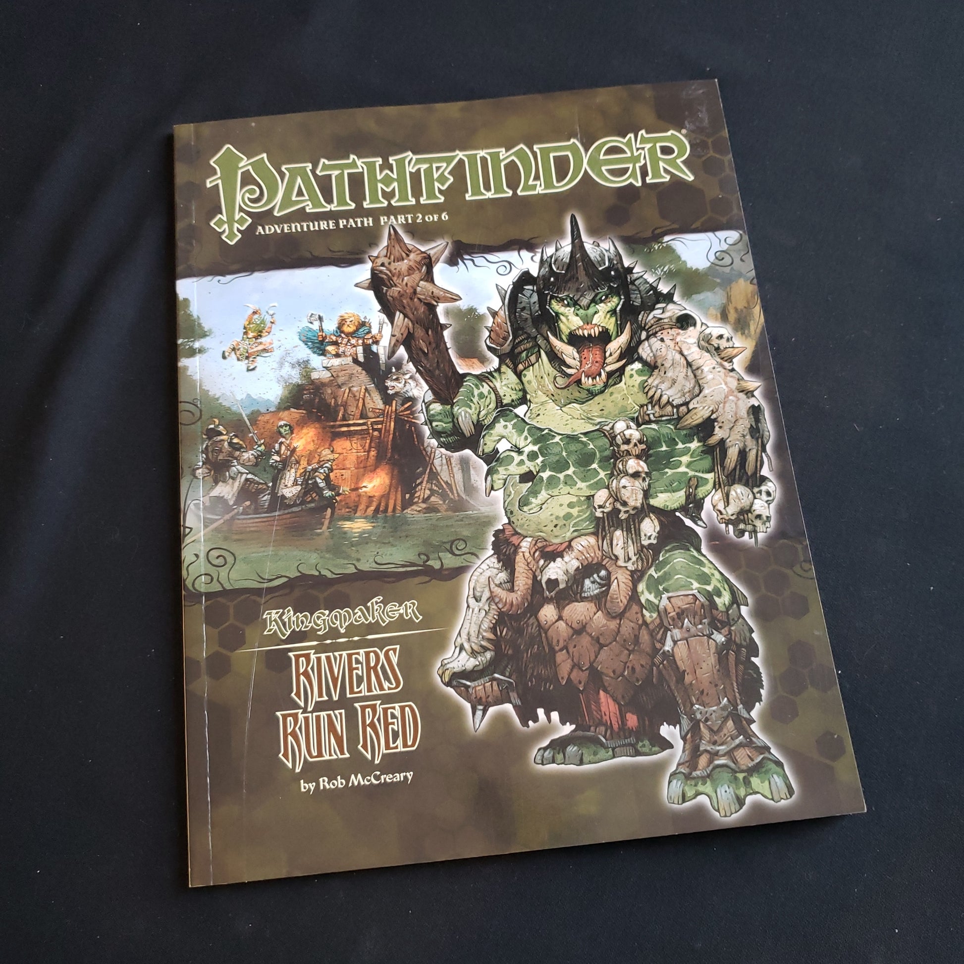 Image shows the front cover of the Rivers Run Red book for the Pathfinder First Edition roleplaying game